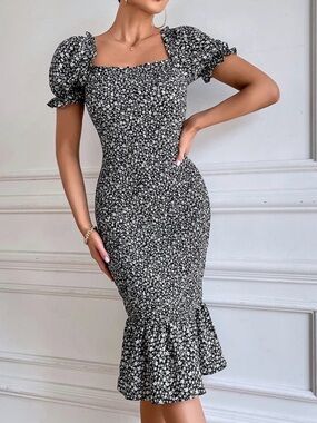PrettyGarden Floral Puff-Sleeve Midi Dress in Black and White